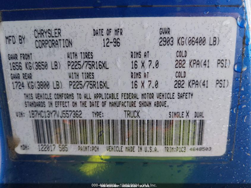 1997 Dodge Ram 1500 St VIN: 1B7HC13Y7VJ557362 Lot: 42334661