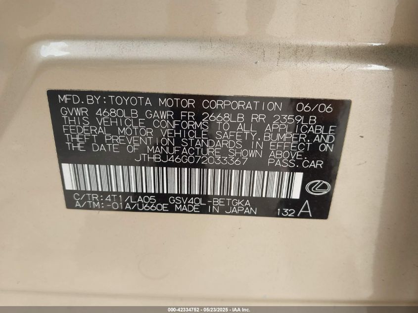 2007 Lexus Es 350 VIN: JTHBJ46G072033367 Lot: 42334752