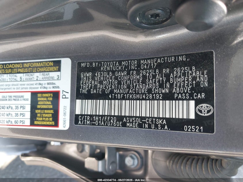 2017 TOYOTA CAMRY VIN: 4T1BF1FK6HU428192