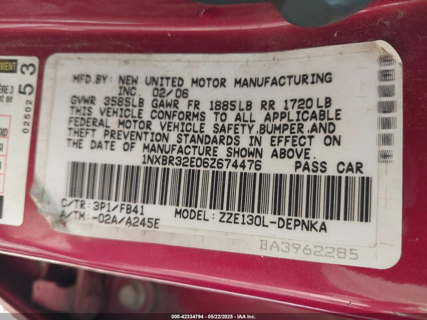 2006 Toyota Corolla Le VIN: 1NXBR32E06Z674476 Lot: 42334794