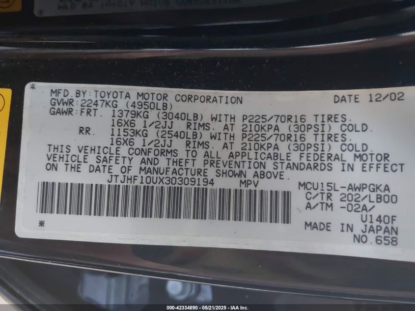 2003 Lexus Rx 300 VIN: JTJHF10UX30309194 Lot: 42334890