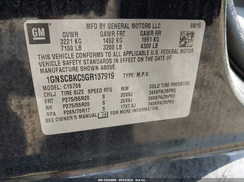 2016 CHEVROLET TAHOE VIN: 1GNSCBKC5GR137919