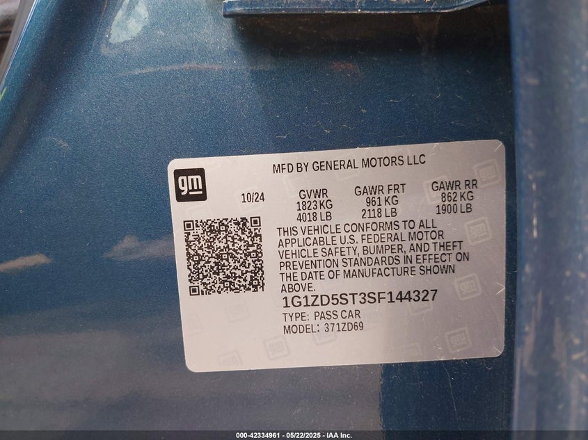 2025 CHEVROLET MALIBU VIN: 1G1ZD5ST3SF144327