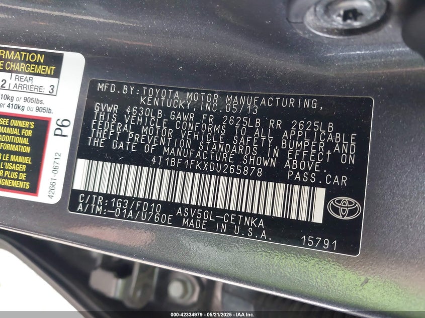 2013 TOYOTA CAMRY VIN: 4T1BF1FKXDU265878