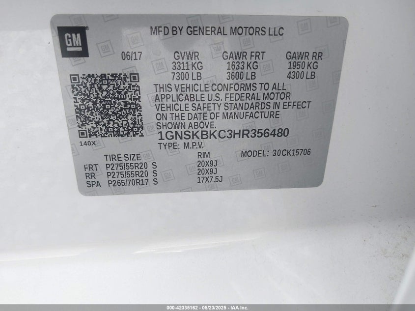 2017 CHEVROLET TAHOE VIN: 1GNSKBKC3HR356480