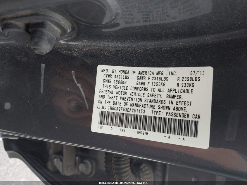 2013 HONDA ACCORD VIN: 1HGCR2F53DA251453