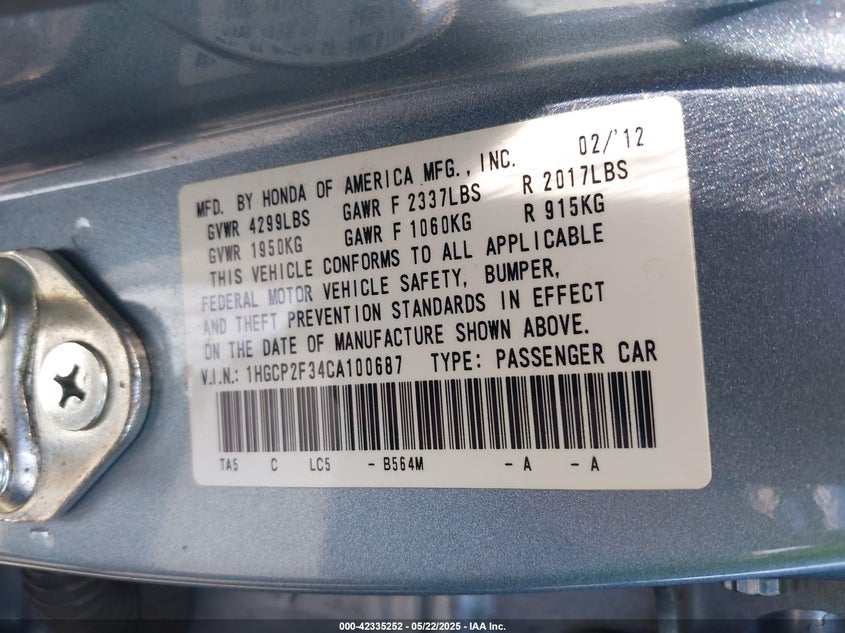 2012 HONDA ACCORD VIN: 1HGCP2F34CA100687