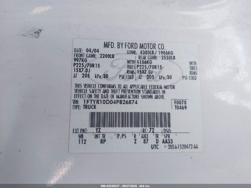 2004 Ford Ranger Xl/Xlt VIN: 1FTYR10D04PB26874 Lot: 42335337