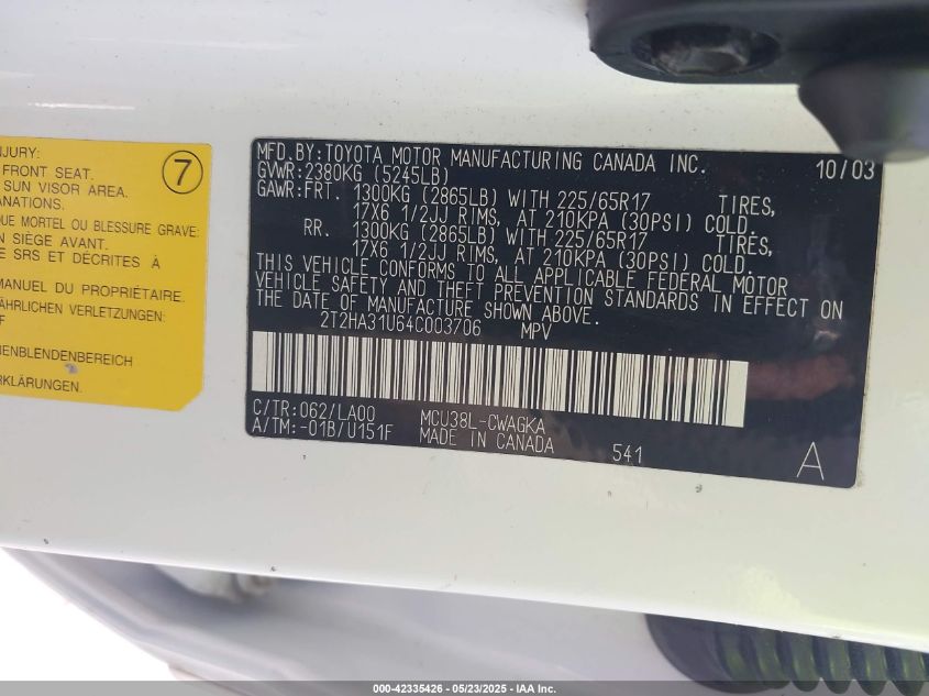 2004 Lexus Rx 330 VIN: 2T2HA31U64C003706 Lot: 42335426