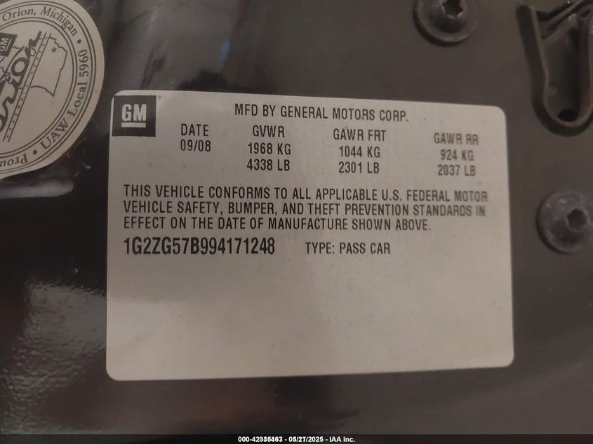 2009 Pontiac G6 VIN: 1G2ZG57B994171248 Lot: 42335463