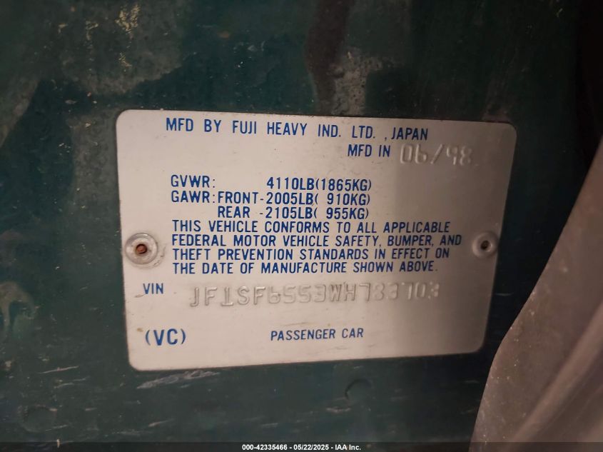 1998 Subaru Forester S VIN: JF1SF6553WH783703 Lot: 42335466