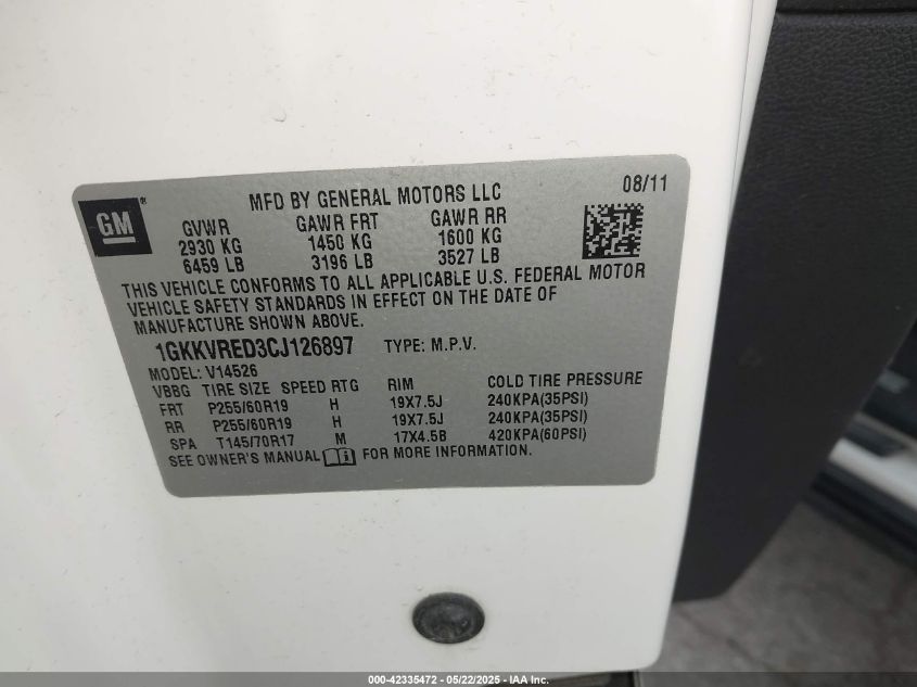 2012 GMC Acadia Slt-1 VIN: 1GKKVRED3CJ126897 Lot: 42335472