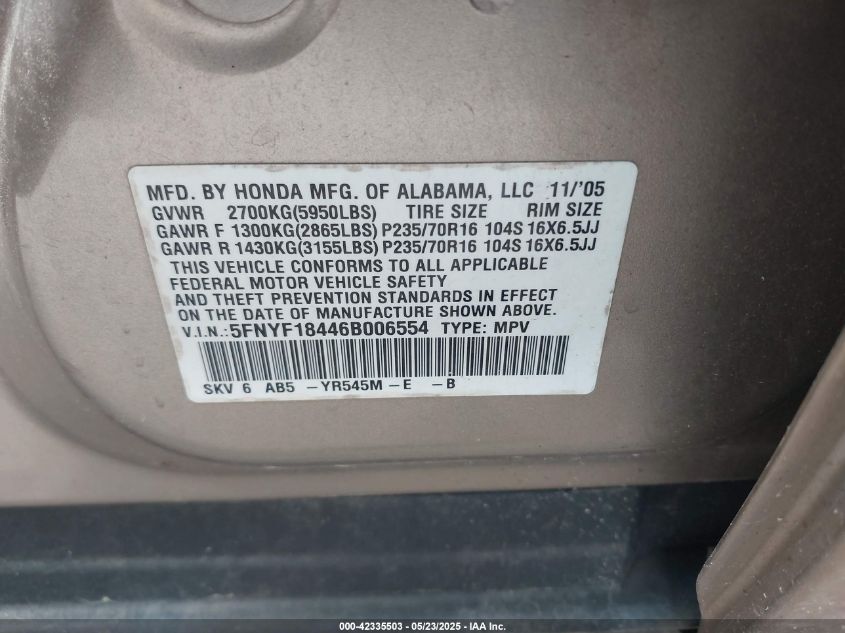 2006 Honda Pilot Ex VIN: 5FNYF18446B006554 Lot: 42335503