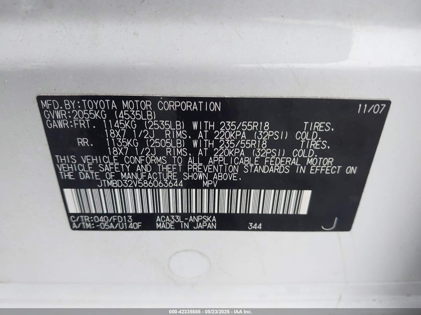 2008 TOYOTA RAV4 VIN: JTMBD32V586063644