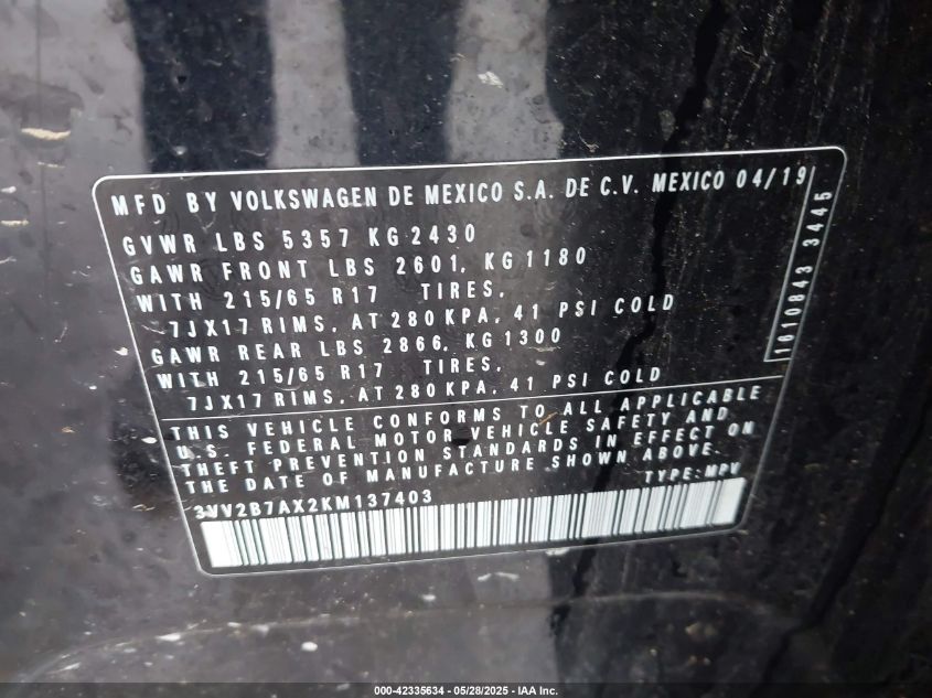 2019 Volkswagen Tiguan 2.0T Se/2.0T Sel/2.0T Sel R-Line/2.0T Sel R-Line Black VIN: 3VV2B7AX2KM137403 Lot: 42335634