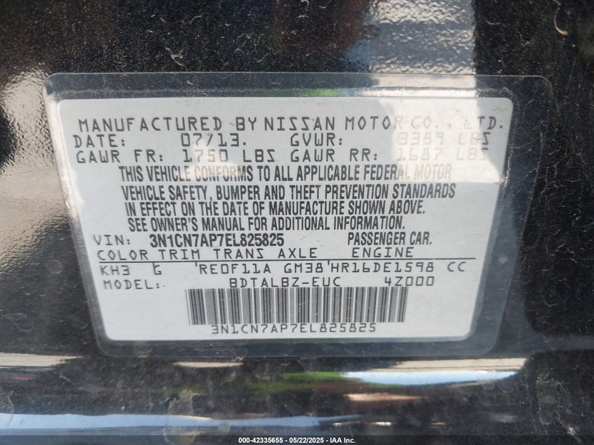 2014 NISSAN VERSA VIN: 3N1CN7AP7EL825825