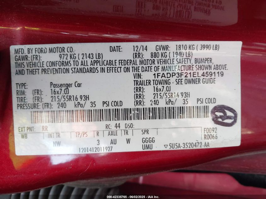 2014 Ford Focus Se VIN: 1FADP3F21EL459119 Lot: 42335765