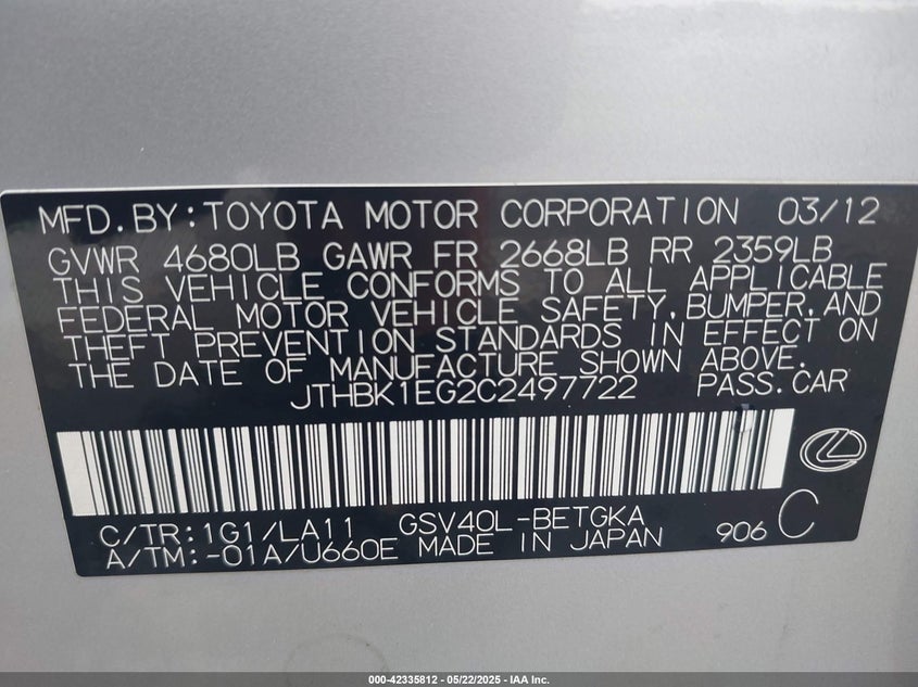 2012 LEXUS ES 350 VIN: JTHBK1EG2C2497722