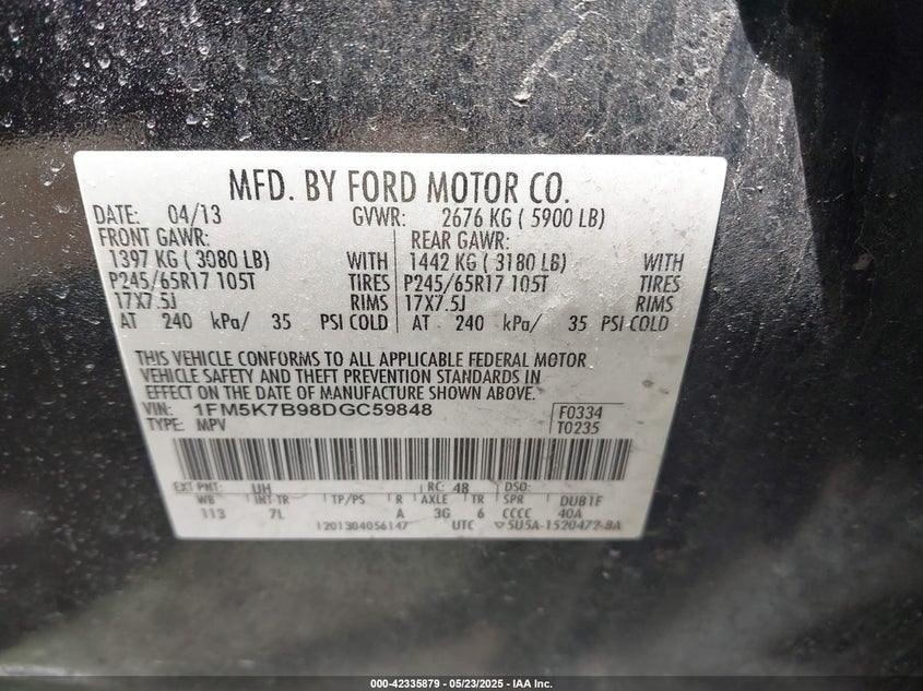 2013 FORD EXPLORER VIN: 1FM5K7B98DGC59848