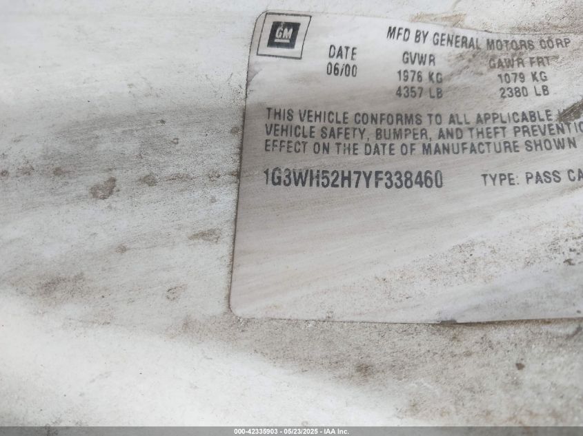 2000 Oldsmobile Intrigue Gx VIN: 1G3WH52H7YF338460 Lot: 42335903