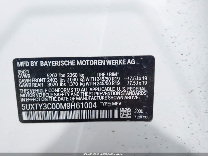 VIN 5UXTY3C00M9H61004 2021 BMW X3 SDRIVE30I