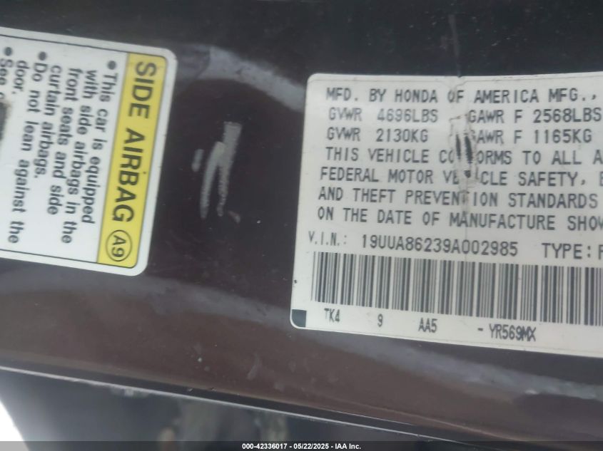 2009 Acura Tl 3.5 VIN: 19UUA86239A002985 Lot: 42336017
