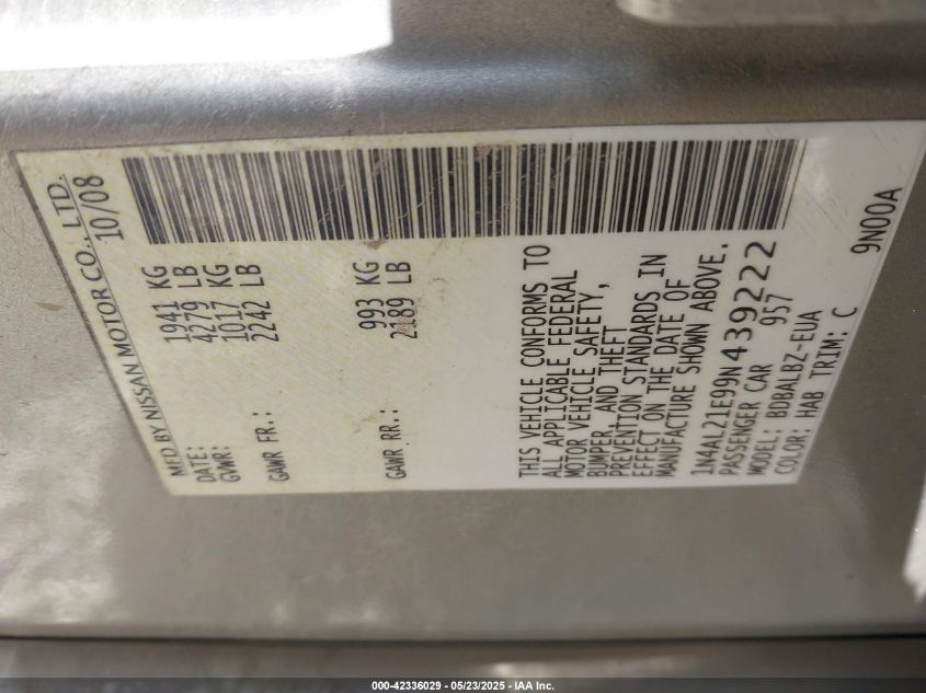 2009 Nissan Altima 2.5 S VIN: 1N4AL21E99N439222 Lot: 42336029