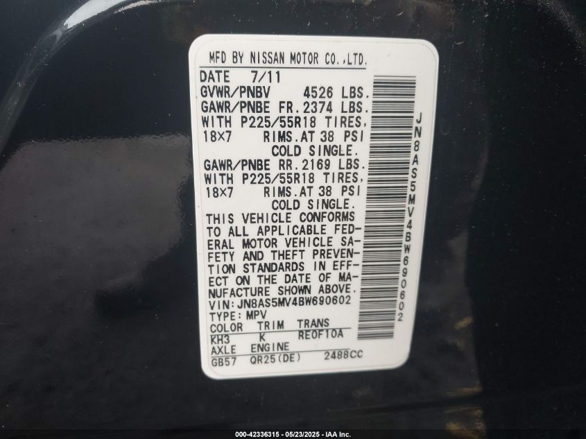 2011 Nissan Rogue VIN: JN8ASSMV4BW690602 Lot: 42336315