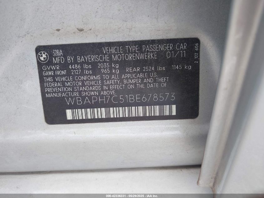 2011 BMW 328I VIN: WBAPH7C51BE678573 Lot: 42336331