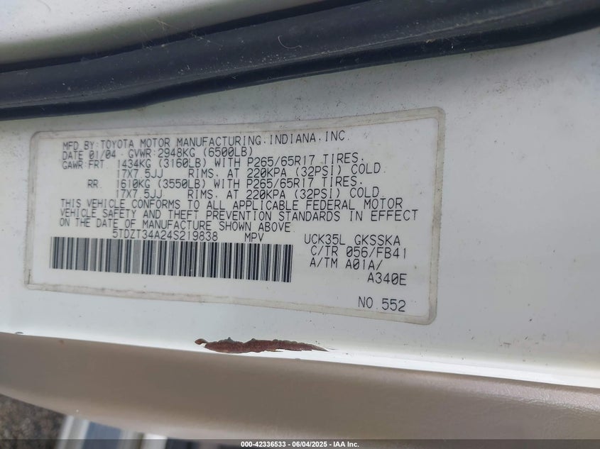 2004 Toyota Sequoia Sr5 V8 VIN: 5TDZT34A24S219838 Lot: 42336533