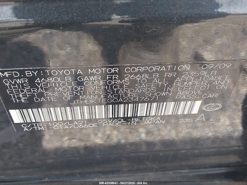 2010 Lexus Es 350 VIN: JTHBK1EG0A2347671 Lot: 42336541