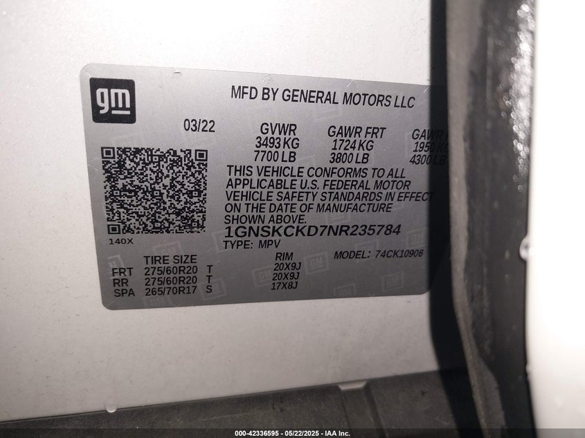 2022 CHEVROLET SUBURBAN 4WD LT - 1GNSKCKD7NR235784