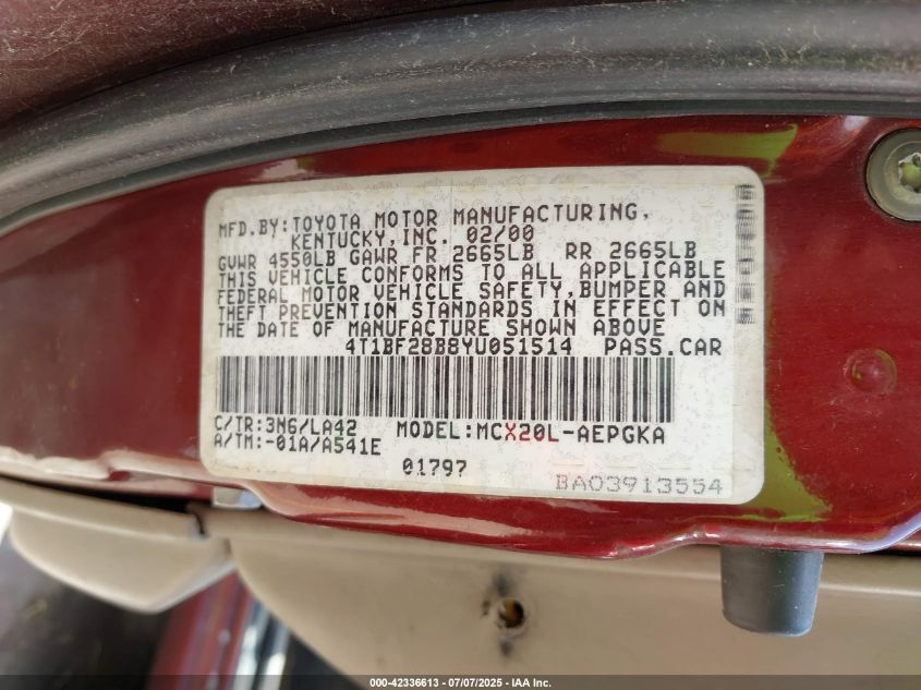 2000 Toyota Avalon Xls VIN: 4T1BF28B8YU051514 Lot: 42336613