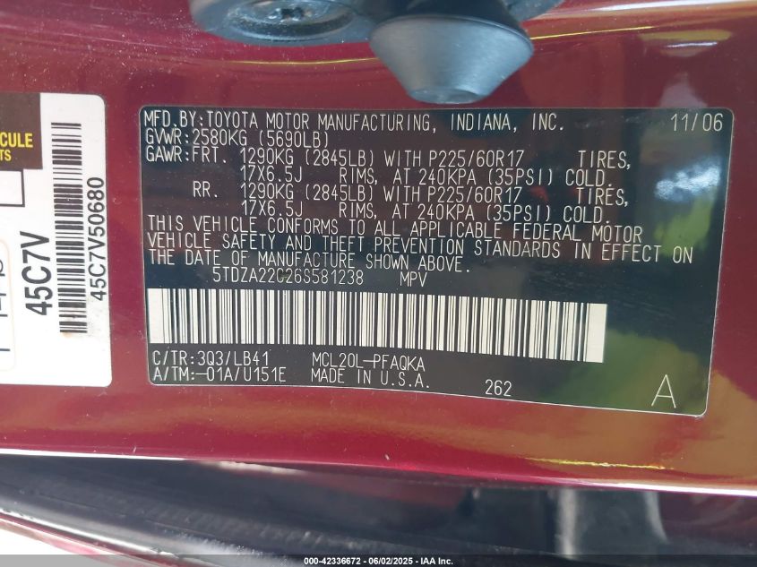 2006 Toyota Sienna Xle VIN: 5TDZA22C26S581238 Lot: 42336672