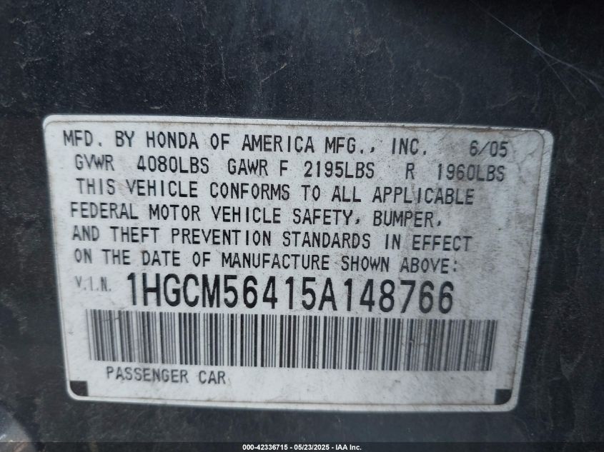 2005 Honda Accord 2.4 Lx VIN: 1HGCM56415A148766 Lot: 42336715