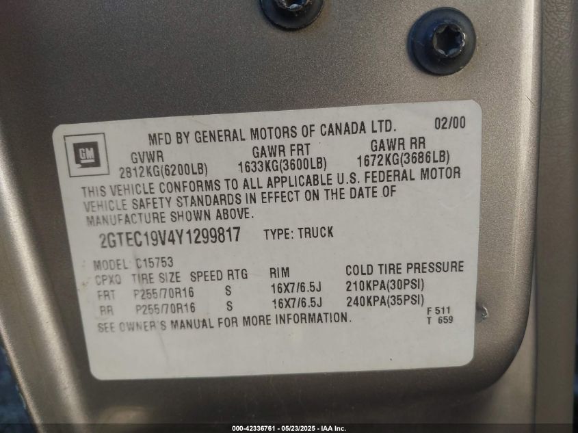 2000 GMC Sierra 1500 Sle VIN: 2GTEC19V4Y1299817 Lot: 42336761