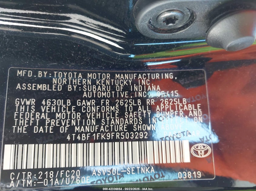 2015 TOYOTA CAMRY VIN: 4T4BF1FK9FR503292
