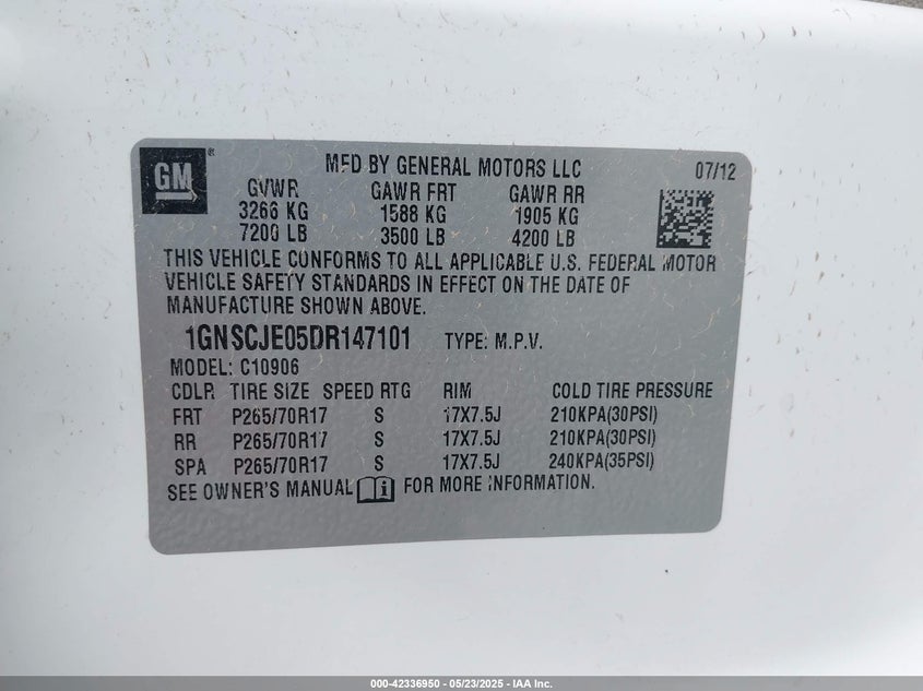 2013 CHEVROLET SUBURBAN 1500 VIN: 1GNSCJE05DR147101