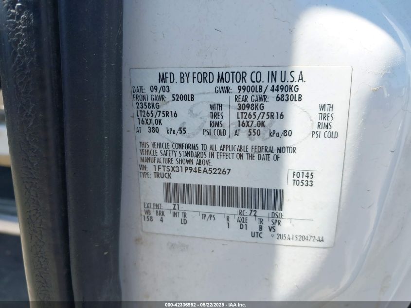 2004 Ford F-350 Lariat/Xl/Xlt VIN: 1FTSX31P94EA52267 Lot: 42336952