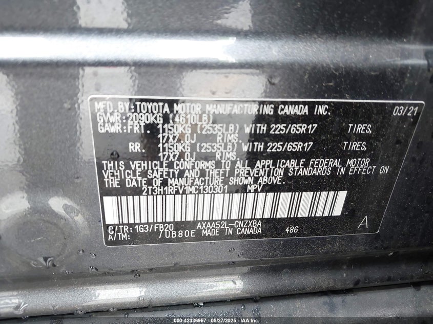 VIN 2T3H1RFV1MC130301 2021 TOYOTA RAV4 LE