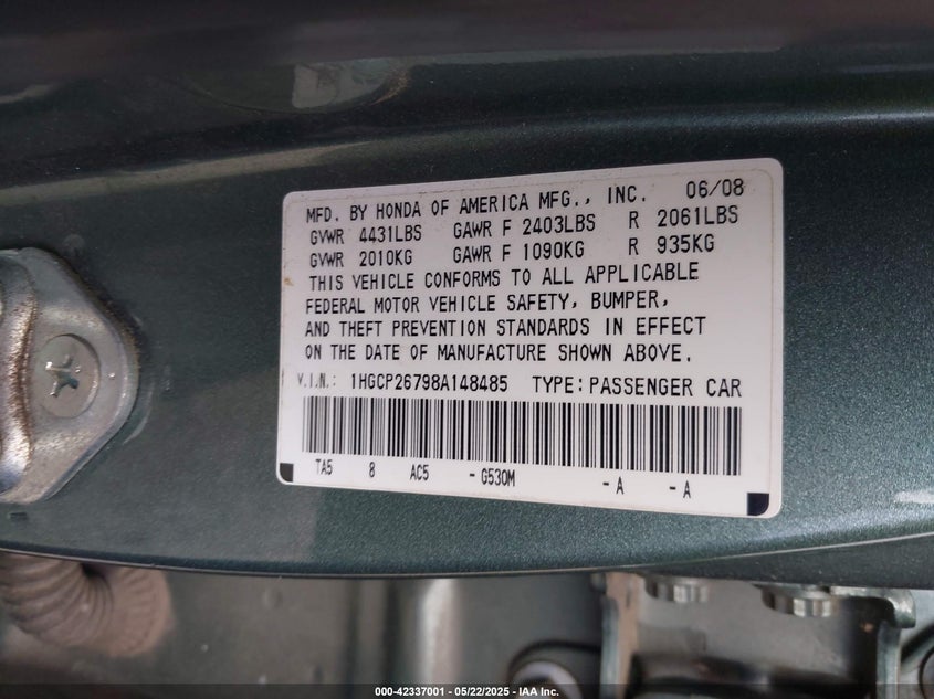 2008 HONDA ACCORD VIN: 1HGCP26798A148485