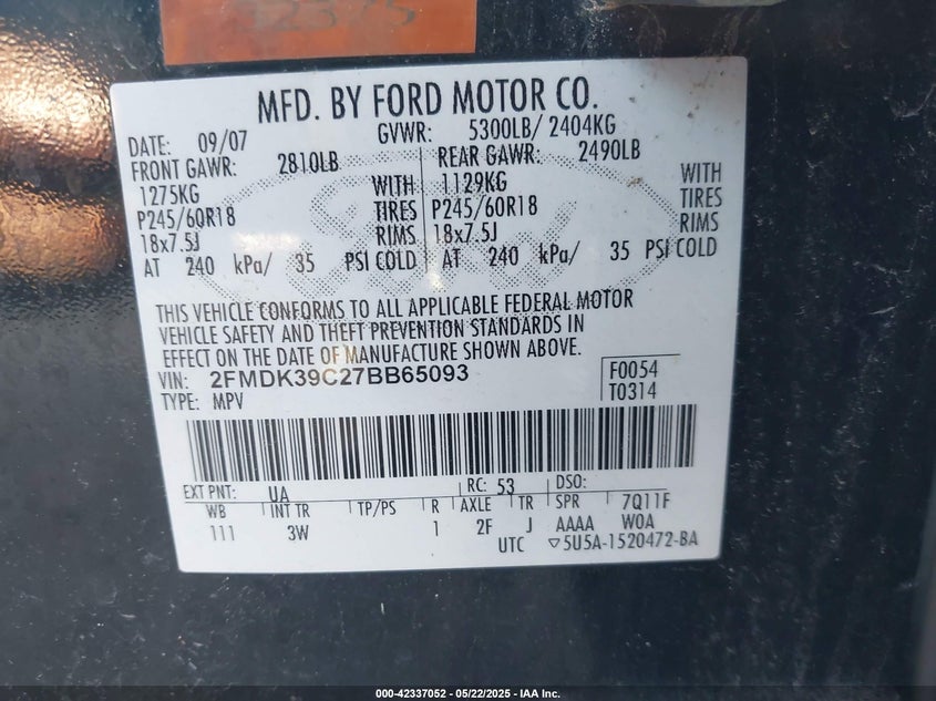 2007 Ford Edge Sel Plus VIN: 2FMDK39C27BB65093 Lot: 42337052