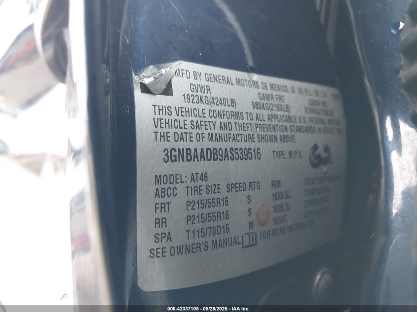 2010 CHEVROLET HHR VIN: 3GNBAADB9AS539516