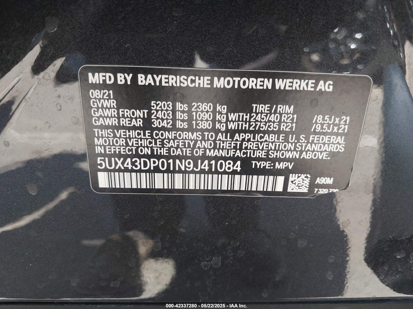 VIN 5UX43DP01N9J41084 2022 BMW X3 SDRIVE30I