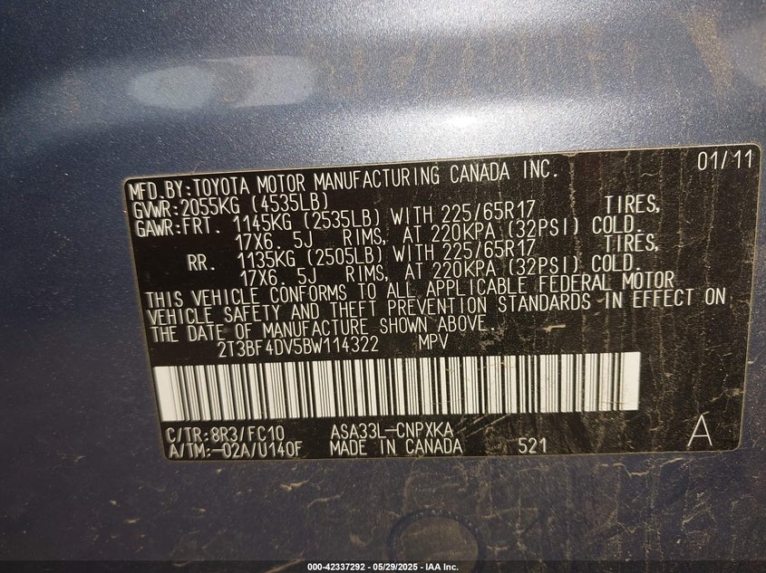 2011 TOYOTA RAV4 VIN: 2T3BF4DV5BW114322