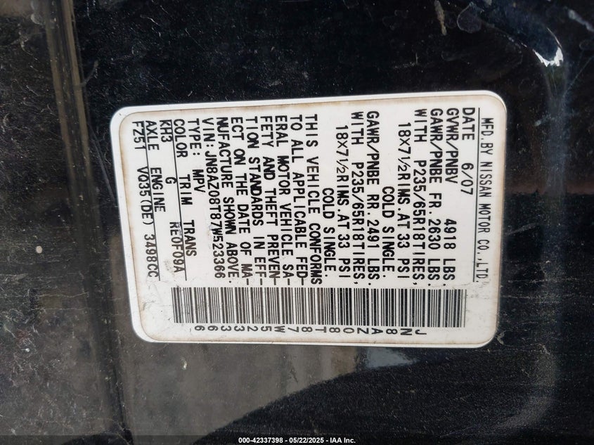 2007 Nissan Murano Sl VIN: JN8AZ08T87W523366 Lot: 42337398