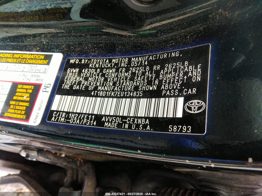 2014 TOYOTA CAMRY HYBRID VIN: 4T1BD1FK7EU134835