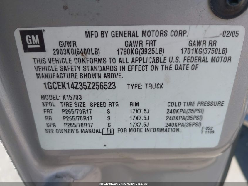 2005 Chevrolet Silverado 1500 Ls VIN: 1GCEK14Z35Z256523 Lot: 42337422