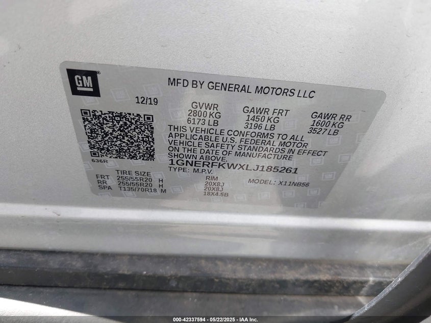 2020 CHEVROLET TRAVERSE VIN: 1GNERFKWXLJ185261