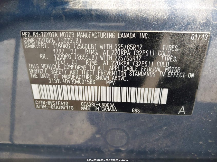 2013 TOYOTA RAV4 EV VIN: 2T3YL4DV3DW001586